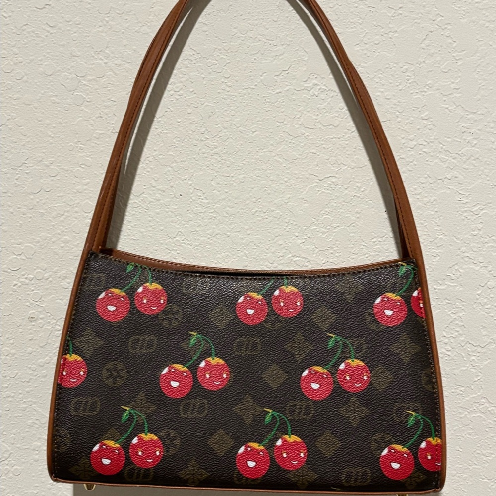 Dark Brown Cherry Pattern Shoulder Bag